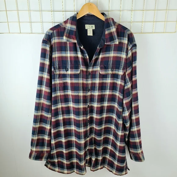 L.L. Bean Blue Plaid Heavyweight Fleece Lined Chore Shirt Jacket Shacket - Picture 2 of 12